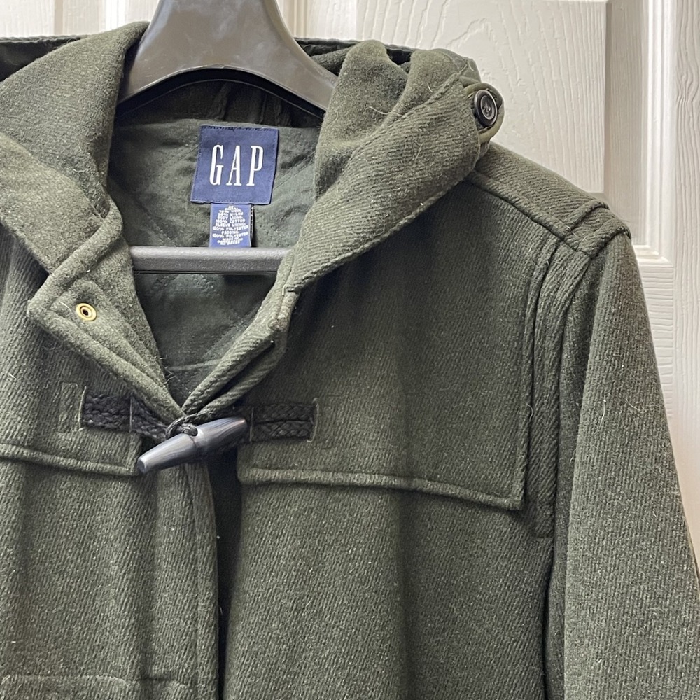 Vintage Gap Men's Medium Olive Wool Hooded Toggle Overcoat Quilted‎ Lined